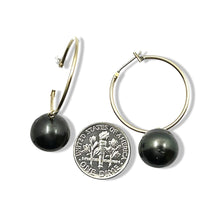 Load image into Gallery viewer, Real Black Tahitian Pearl Hoop Earrings – 14k Yellow Gold
