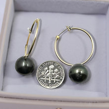 Load image into Gallery viewer, Real Black Tahitian Pearl Hoop Earrings – 14k Yellow Gold