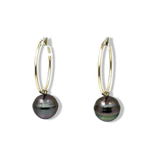 Load image into Gallery viewer, Iridescent Baroque Tahitian Pearl Hoop Earrings – 14k Yellow Gold