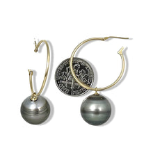 Load image into Gallery viewer, Baroque Grey Silver Tahitian Pearl Hoop Earrings – 14k Yellow Gold