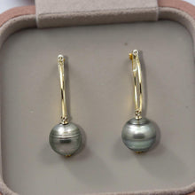 Load image into Gallery viewer, Baroque Grey Silver Tahitian Pearl Hoop Earrings – 14k Yellow Gold