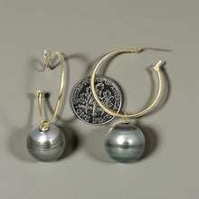 Load image into Gallery viewer, Baroque Grey Silver Tahitian Pearl Hoop Earrings – 14k Yellow Gold