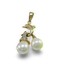Load image into Gallery viewer, Dolphin Pearl Pendant – White Pearls with Diamond in 14k Yellow Gold
