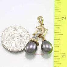 Load image into Gallery viewer, Dolphin Diamond Pendant with 2 Black Pearls – 14k Yellow Gold