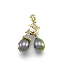 Load image into Gallery viewer, Dolphin Diamond Pendant with 2 Black Pearls – 14k Yellow Gold
