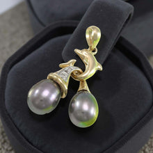 Load image into Gallery viewer, Dolphin Diamond Pendant with 2 Black Pearls – 14k Yellow Gold