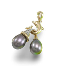 Load image into Gallery viewer, Dolphin Diamond Pendant with 2 Black Pearls – 14k Yellow Gold