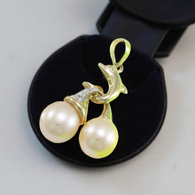 Load image into Gallery viewer, Dolphin Diamond Pendant with 2 Pink Pearls – 14k Yellow Gold