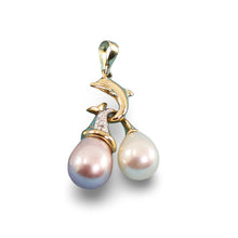 Load image into Gallery viewer, Dolphin Diamond Pendant with Lavender &amp; White Pearls – 14k Yellow Gold