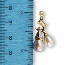 Load image into Gallery viewer, Dolphin Diamond Pendant with Lavender &amp; White Pearls – 14k Yellow Gold