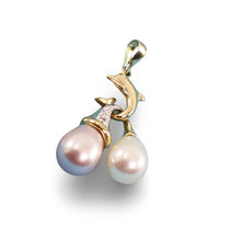 Load image into Gallery viewer, Dolphin Diamond Pendant with Lavender &amp; White Pearls – 14k Yellow Gold