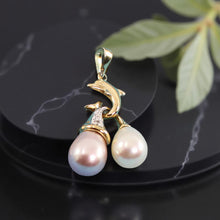 Load image into Gallery viewer, Dolphin Diamond Pendant with Lavender &amp; White Pearls – 14k Yellow Gold
