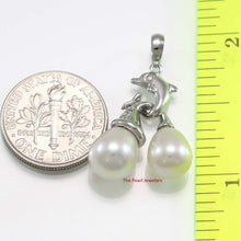 Load image into Gallery viewer, Dolphin Diamond Pendant with 2 White Pearls – 14k White Gold