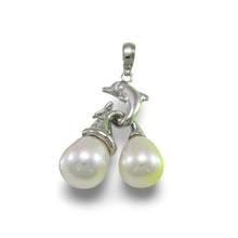 Load image into Gallery viewer, Dolphin Diamond Pendant with 2 White Pearls – 14k White Gold