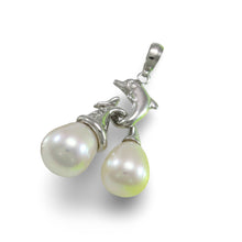 Load image into Gallery viewer, Dolphin Diamond Pendant with 2 White Pearls – 14k White Gold