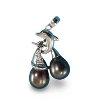 Load image into Gallery viewer, Dolphin Diamond Pendant with 2 Black Pearls – 14k White Gold