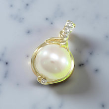 Load image into Gallery viewer, White Pearl Pendant – 14k Yellow Gold with Diamond Trio