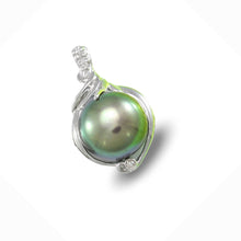 Load image into Gallery viewer, Black Pearl Pendant – 14k White Gold + Trio Diamonds