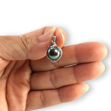 Load image into Gallery viewer, Black Pearl Pendant – 14k White Gold + Trio Diamonds
