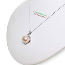 Load image into Gallery viewer, 14k White Gold Peach Pearl Pendant: Trio Diamond Drop Necklace