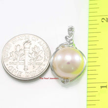 Load image into Gallery viewer, 14k White Gold Peach Pearl Pendant: Trio Diamond Drop Necklace