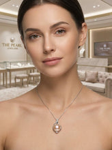 Load image into Gallery viewer, 14k White Gold Peach Pearl Pendant: Trio Diamond Drop Necklace