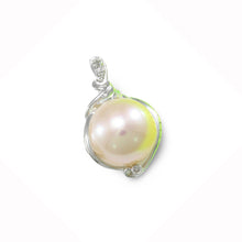 Load image into Gallery viewer, 14k White Gold Peach Pearl Pendant: Trio Diamond Drop Necklace