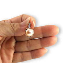 Load image into Gallery viewer, 14k White Gold Peach Pearl Pendant: Trio Diamond Drop Necklace