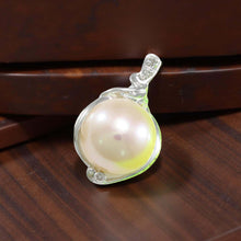 Load image into Gallery viewer, 14k White Gold Peach Pearl Pendant: Trio Diamond Drop Necklace