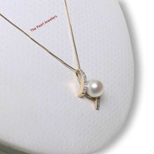 Load image into Gallery viewer, White Pearl Pendant – 14k Yellow Gold + 12 Diamonds “H” Design