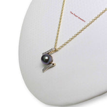 Load image into Gallery viewer, Black Pearl Pendant – 14k Yellow Gold “H” Design + 12 Diamonds