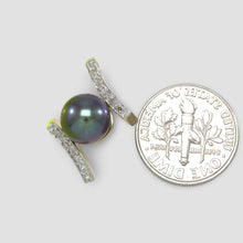 Load image into Gallery viewer, Black Pearl Pendant – 14k Yellow Gold “H” Design + 12 Diamonds
