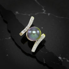 Load image into Gallery viewer, Black Pearl Pendant – 14k Yellow Gold “H” Design + 12 Diamonds