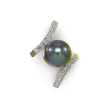 Load image into Gallery viewer, Black Pearl Pendant – 14k Yellow Gold “H” Design + 12 Diamonds
