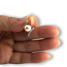 Load image into Gallery viewer, White Pearl Pendant – 14k White Gold “H” Design + 12 Diamonds