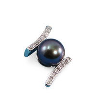 Load image into Gallery viewer, Black Pearl Pendant – 14k White Gold “H” Design + 12 Diamonds
