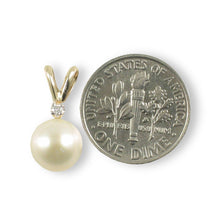 Load image into Gallery viewer, White Pearl Pendant – 14k Yellow Gold Rabbit-Ear Bail + Diamond