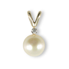Load image into Gallery viewer, White Pearl Pendant – 14k Yellow Gold Rabbit-Ear Bail + Diamond