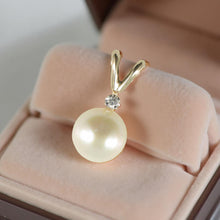 Load image into Gallery viewer, White Pearl Pendant – 14k Yellow Gold Rabbit-Ear Bail + Diamond