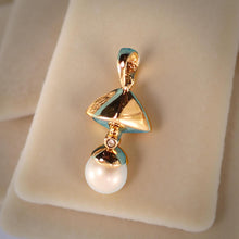 Load image into Gallery viewer, White Pearl Pyramid Pendant – 14k Yellow Gold + Diamond Tip
