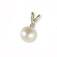 Load image into Gallery viewer, White Pearl Rabbit-Ear Pendant – 14k Yellow Gold + Diamond