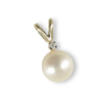 Load image into Gallery viewer, White Pearl Rabbit-Ear Pendant – 14k Yellow Gold + Diamond