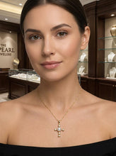 Load image into Gallery viewer, White Pearl Love Cross Pendant – 14k Yellow Gold + Diamonds