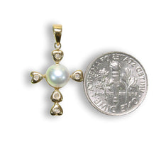 Load image into Gallery viewer, White Pearl Love Cross Pendant – 14k Yellow Gold + Diamonds