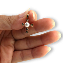 Load image into Gallery viewer, White Pearl Love Cross Pendant – 14k Yellow Gold + Diamonds
