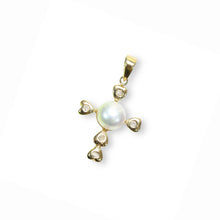 Load image into Gallery viewer, White Pearl Love Cross Pendant – 14k Yellow Gold + Diamonds