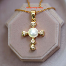 Load image into Gallery viewer, White Pearl Love Cross Pendant – 14k Yellow Gold + Diamonds