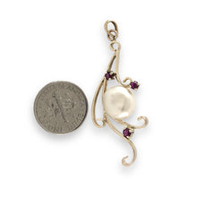 Load image into Gallery viewer, White Baroque Pearl Pendant – 14k Yellow Gold + 3 Rubies