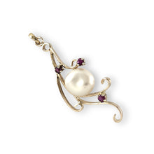 Load image into Gallery viewer, White Baroque Pearl Pendant – 14k Yellow Gold + 3 Rubies