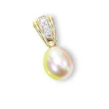 Load image into Gallery viewer, Pink Raindrop Pearl Pendant – 14k Yellow Gold + Diamond Bail